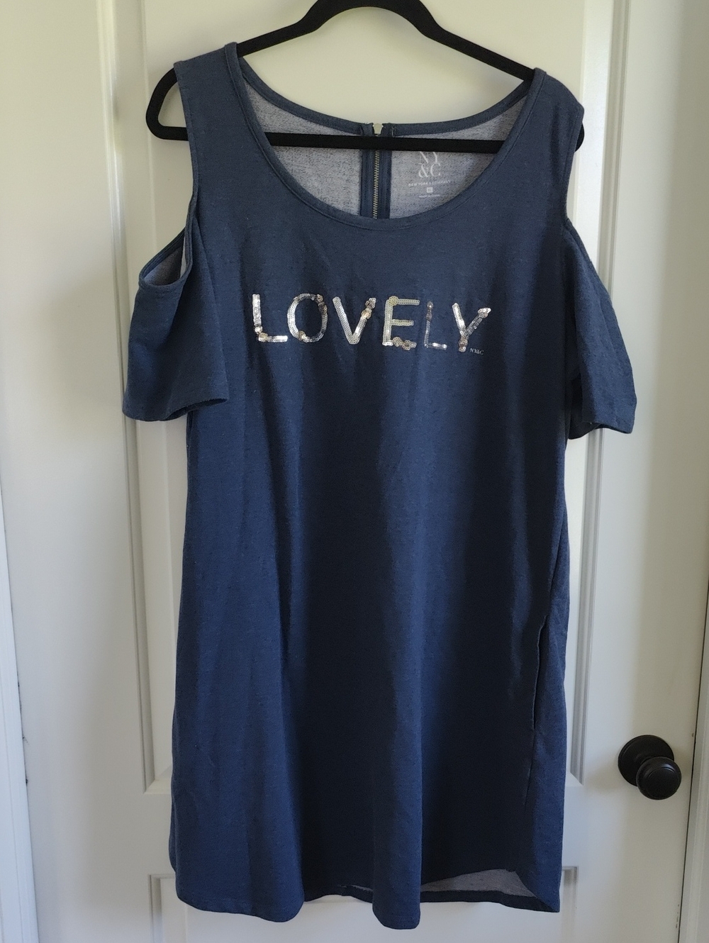 NY& Company Cold-Shoulder Navy Dress with 'LOVELY' Sequin Detail